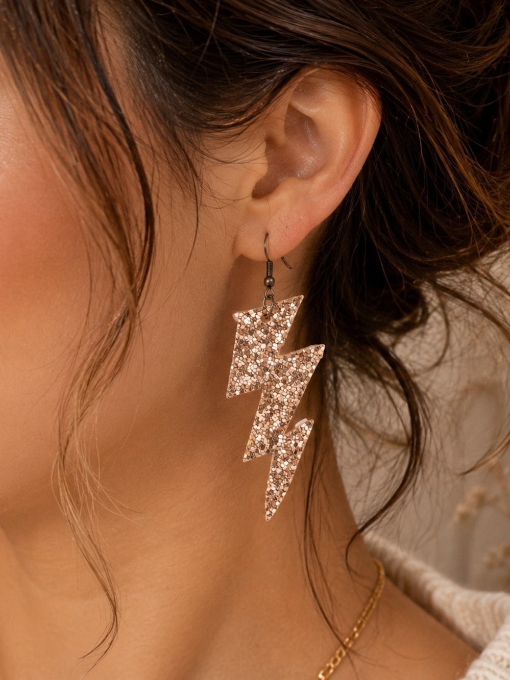 Champagne Gold Chunky Glitter Lightning Bolt Dangle Faux Leather Earrings – New